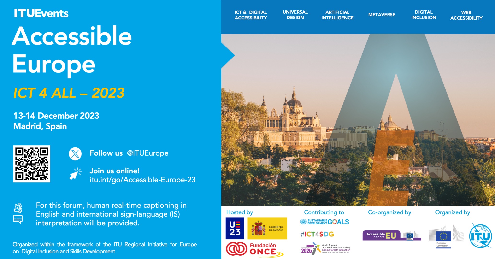 Banner with a Madrid photo and the Accessible Europe Forum logo, announcing the 2023 edition on 13-14 December in Madrid, Spain